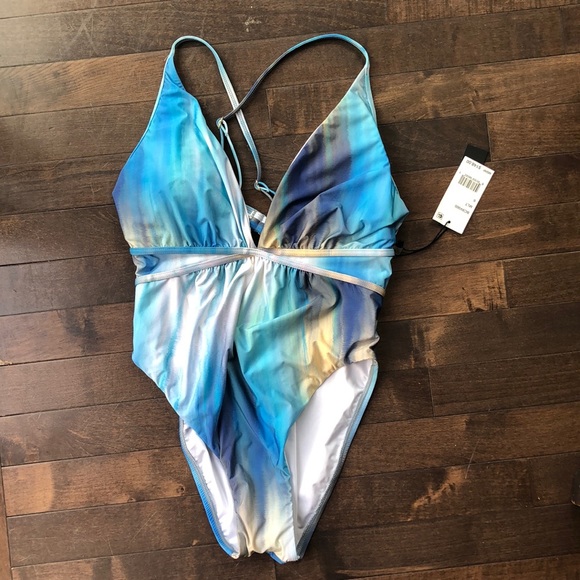 BGBCMaxaria Blue Tie-Dye Deep V Plunging Neckline One-Piece Swimsuit Sz6 - Picture 4 of 8